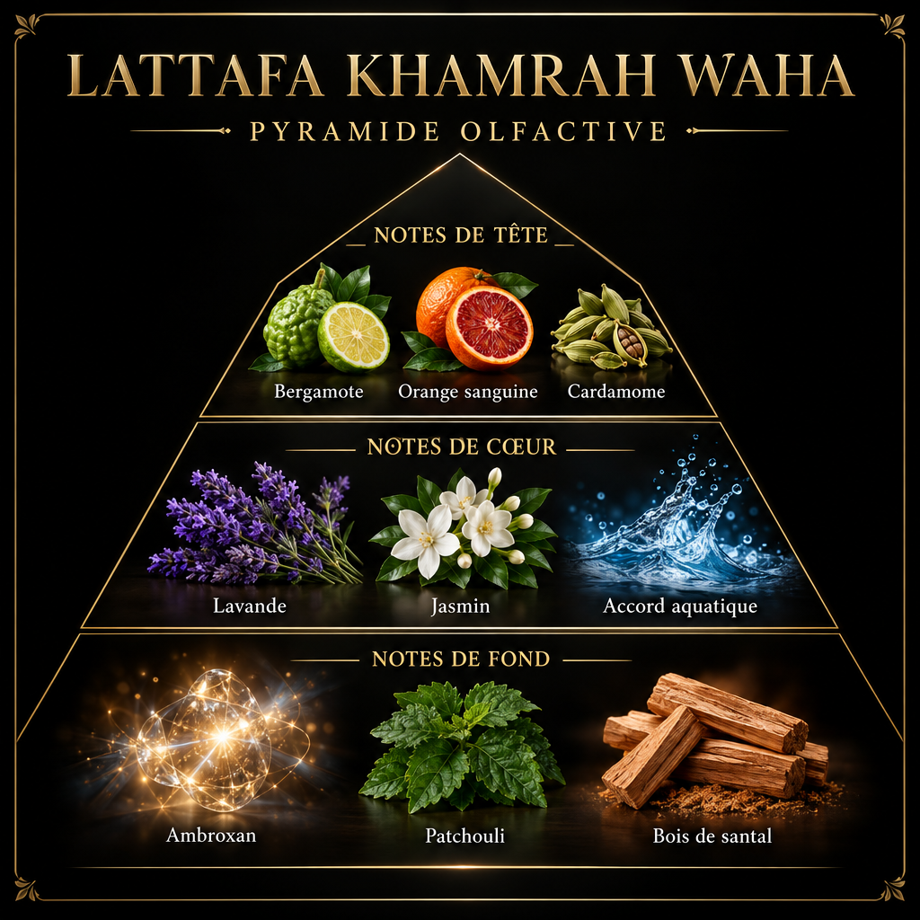 Pyramide olfactive Lattafa Khamrah Waha : bergamote, lavande, accord aquatique, ambroxan et bois de santal