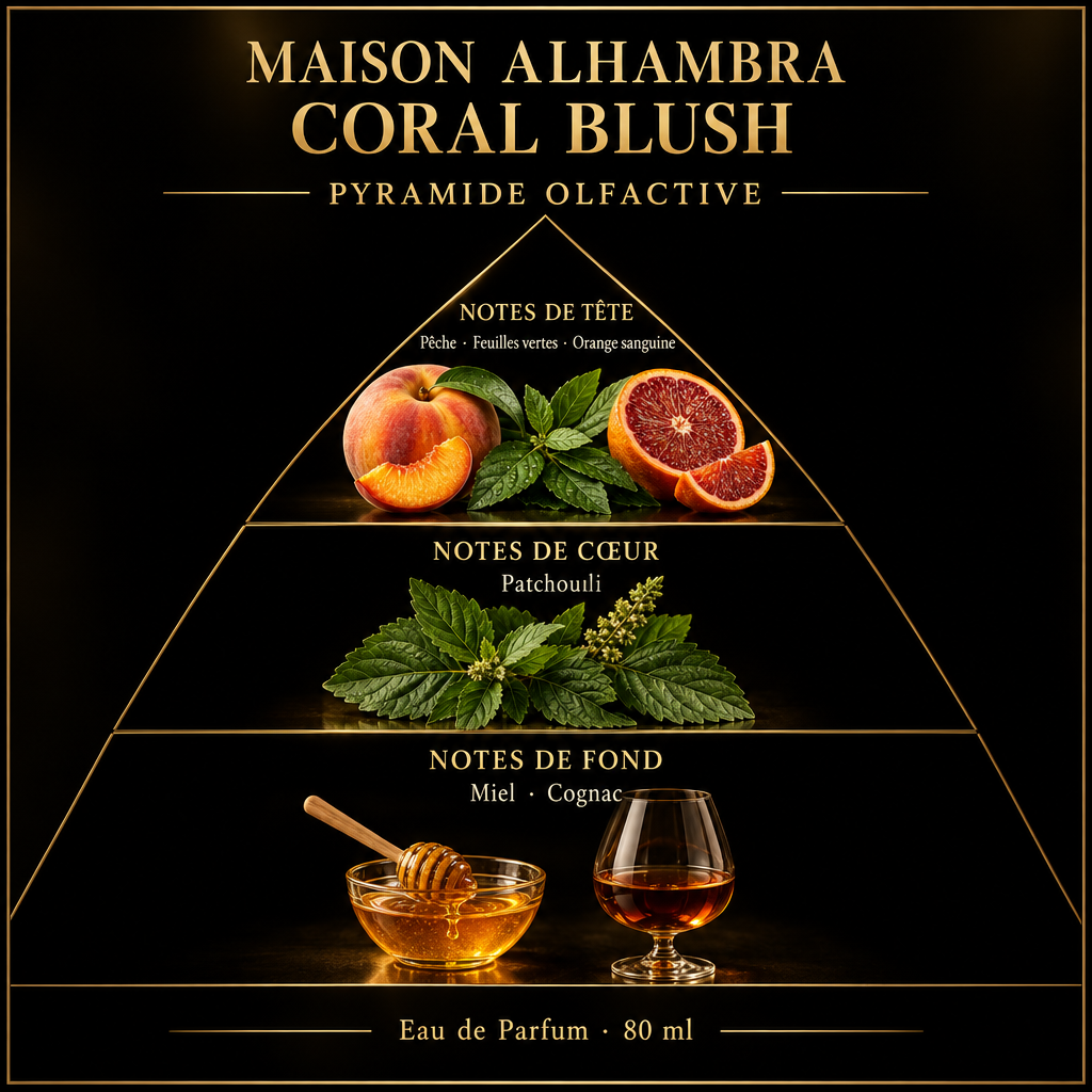 Pyramide olfactive de Maison Alhambra Coral Blush – notes de tête, de cœur et de fond