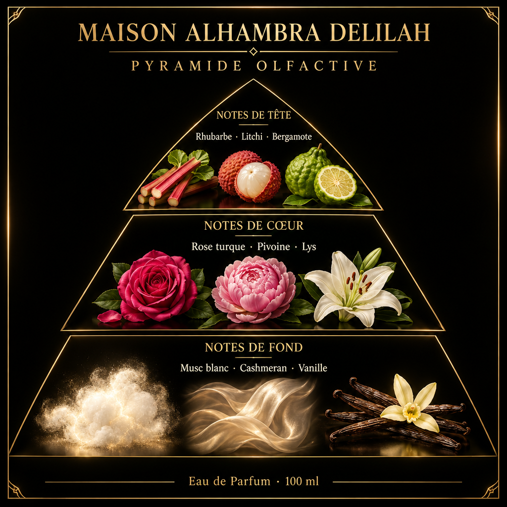 Pyramide olfactive de Maison Alhambra Delilah – notes de tête, de cœur et de fond