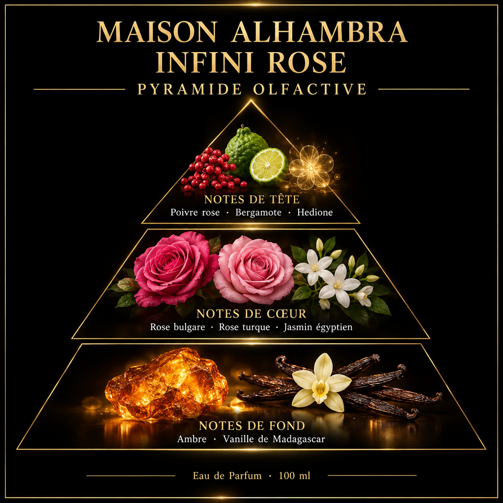 Pyramide olfactive de Maison Alhambra Infini Rose – notes de tête, de cœur et de fond