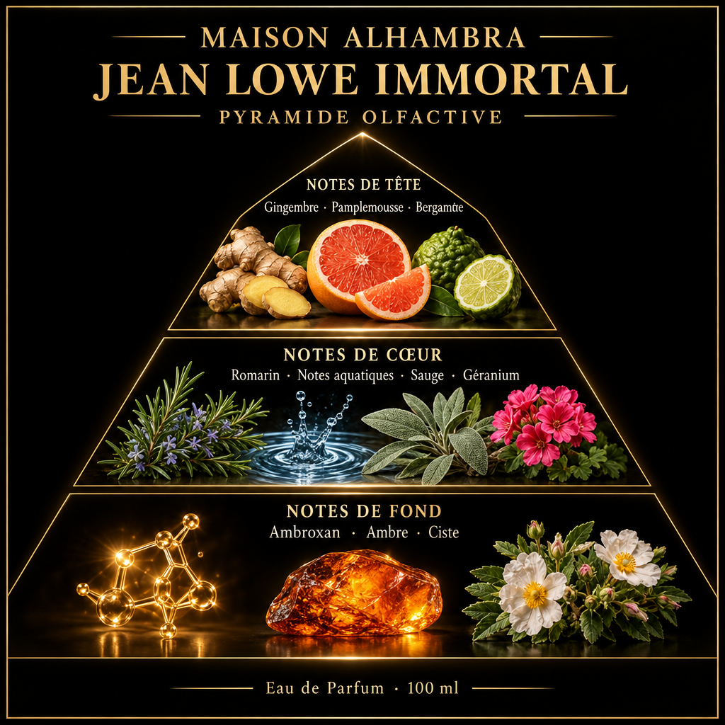 Pyramide olfactive de Maison Alhambra Jean Lowe Immortal – notes de tête, de cœur et de fond