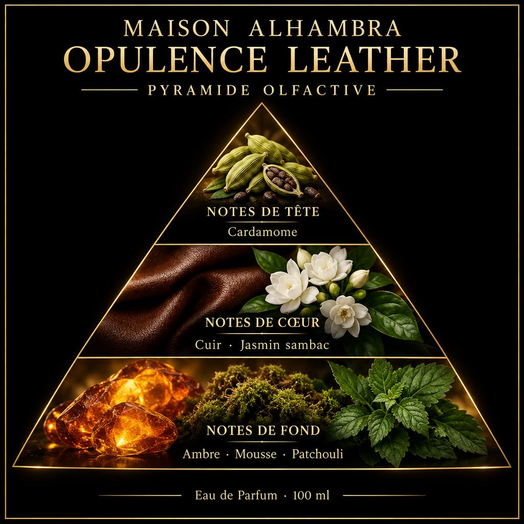 Pyramide olfactive de Maison Alhambra Opulence Leather – notes de tête, de cœur et de fond