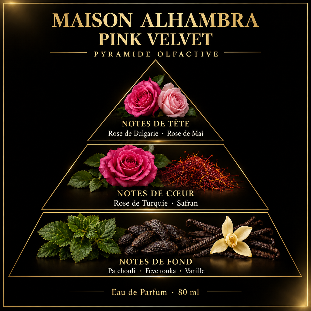 Pyramide olfactive de Maison Alhambra Pink Velvet – notes de tête, de cœur et de fond