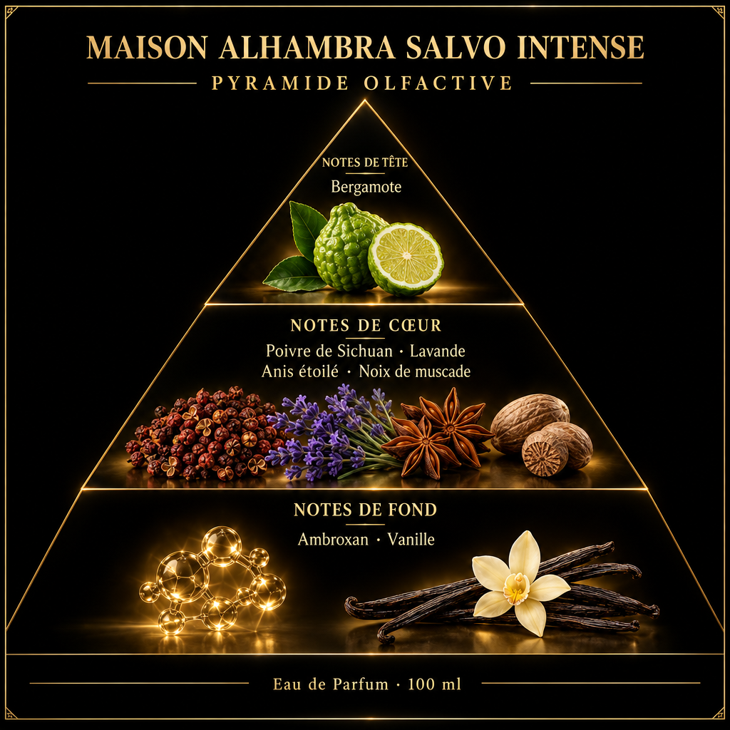 Pyramide olfactive de Maison Alhambra Salvo Intense – notes de tête, de cœur et de fond