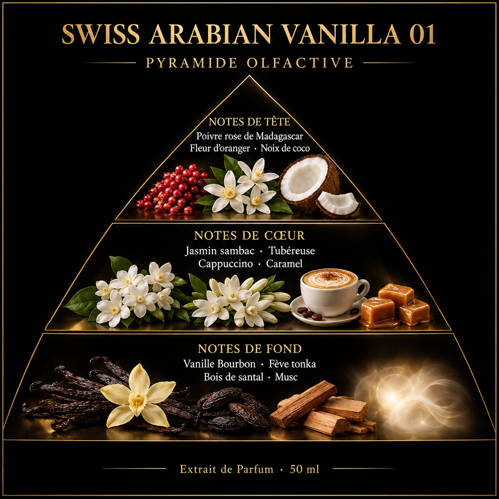 Pyramide olfactive de Swiss Arabian Vanilla 01 – notes de tête, de cœur et de fond