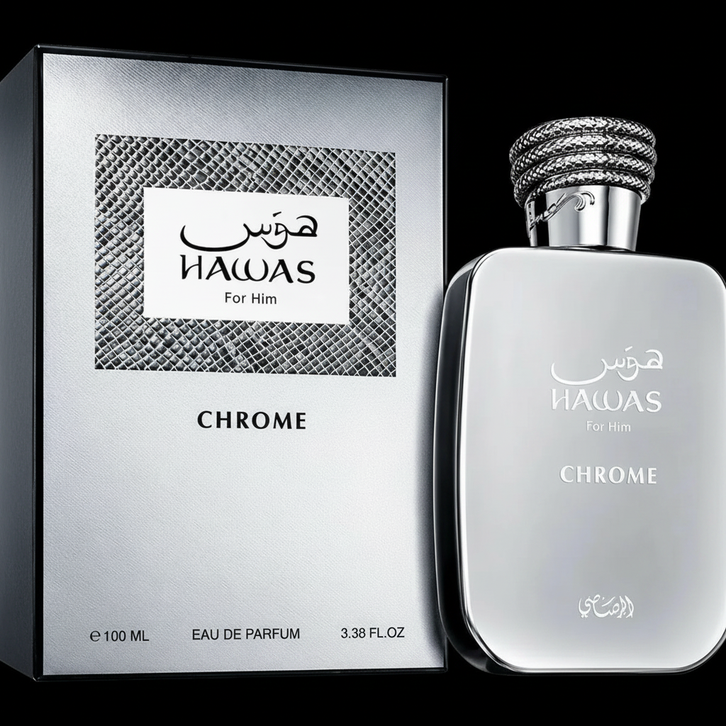 Rasasi Hawas Chrome for Him cinématographique fond noir