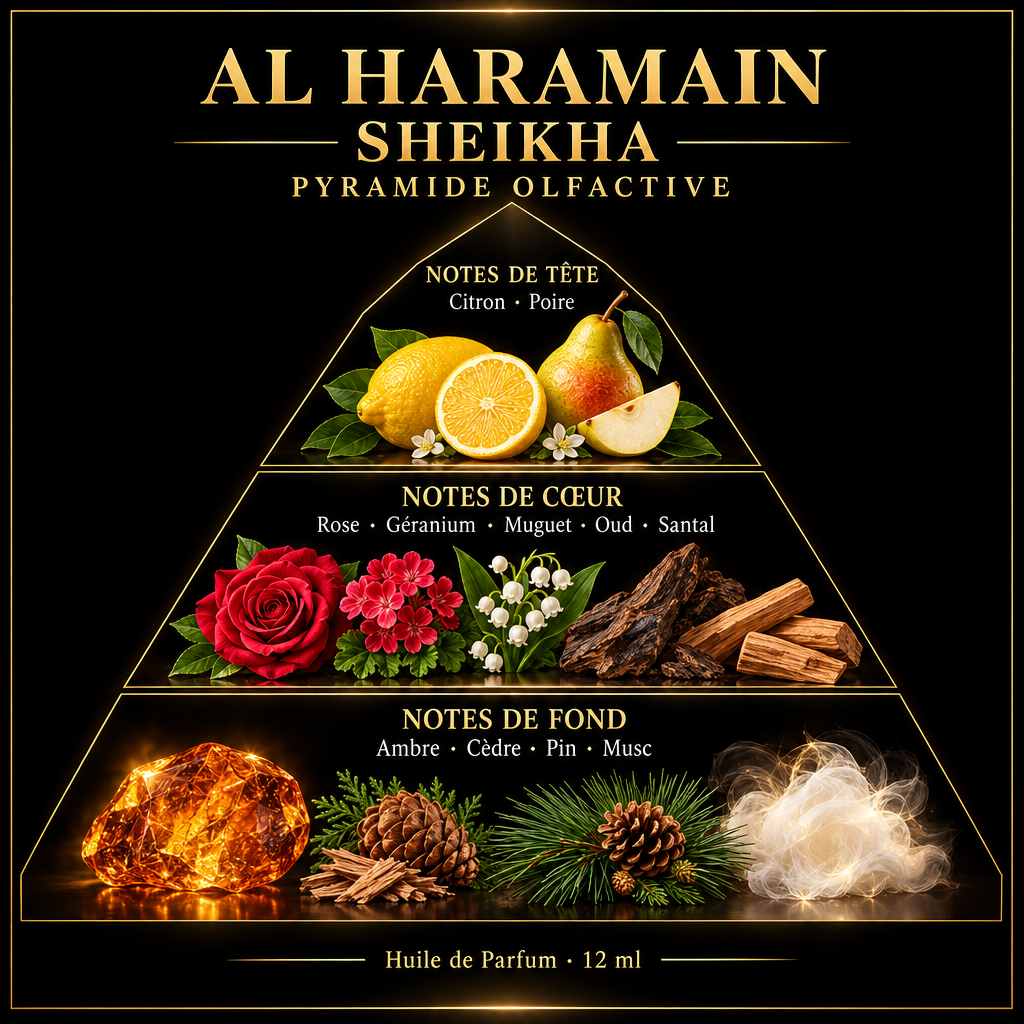 Pyramide olfactive de Al Haramain Sheikha – notes de tête, de cœur et de fond