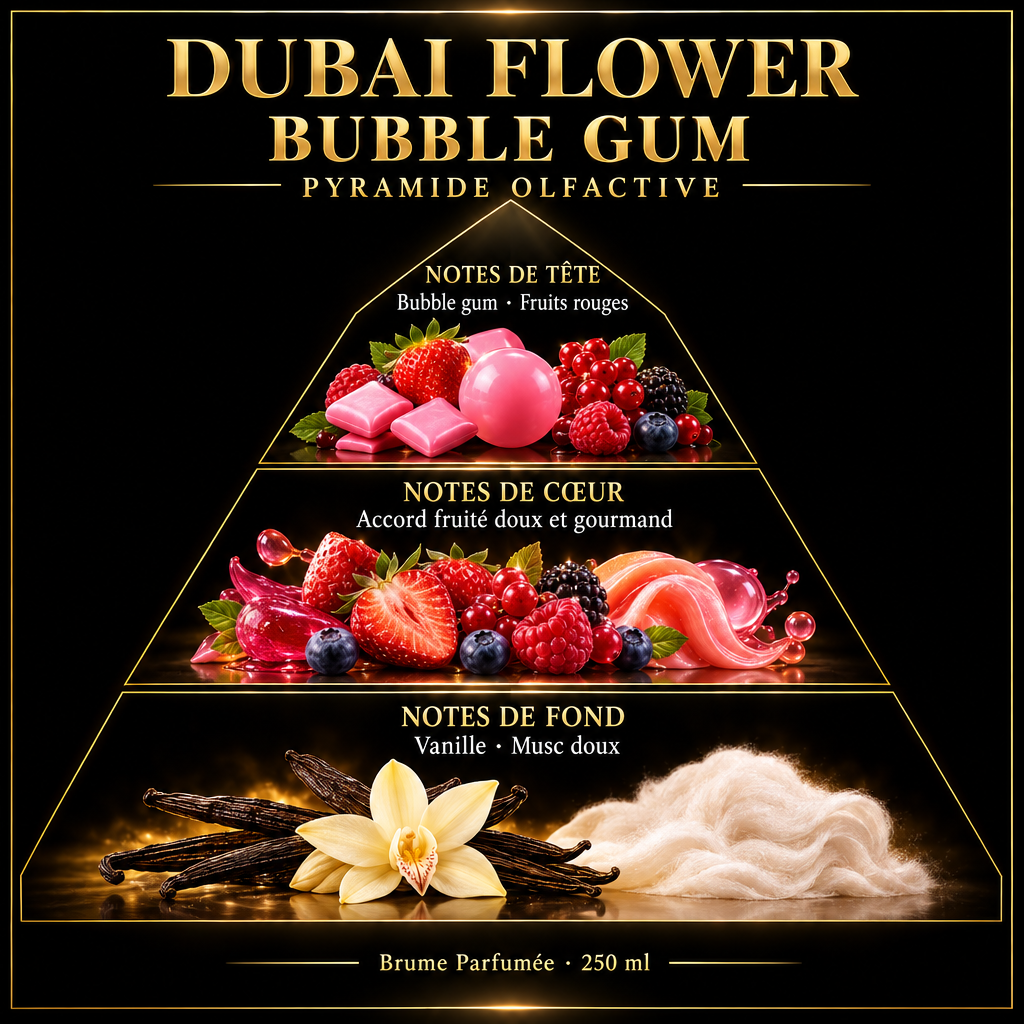 Pyramide olfactive de Dubai Flower Bubble Gum – notes de tête, de cœur et de fond