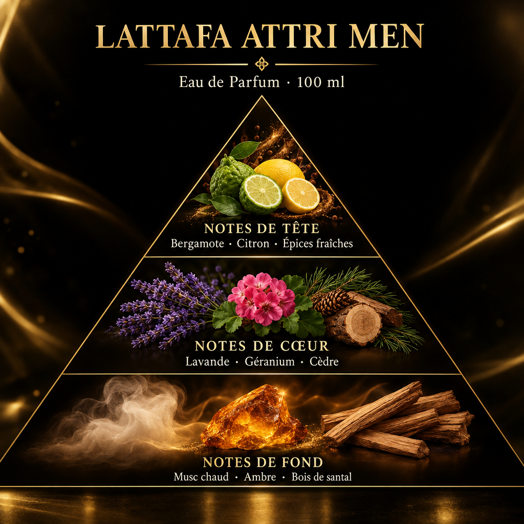 Pyramide olfactive de Lattafa Attri Men – notes de tête, de cœur et de fond
