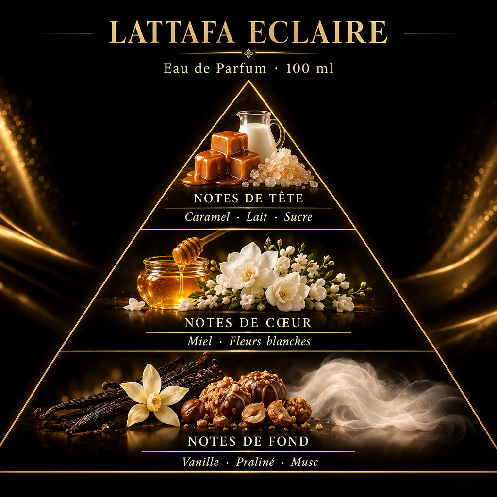 Pyramide olfactive de Lattafa Eclaire – notes de tête, de cœur et de fond