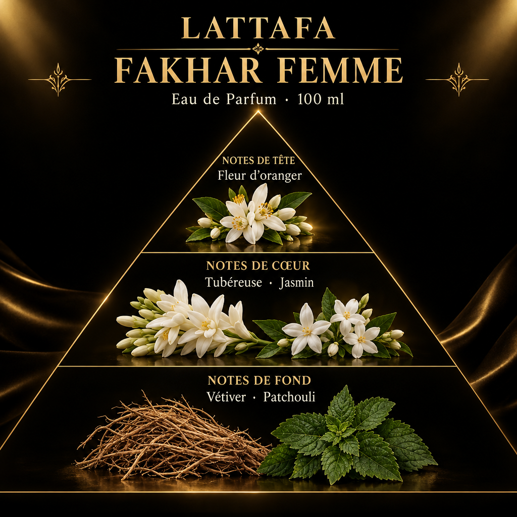 Pyramide olfactive de Lattafa Fakhar Femme – notes de tête, de cœur et de fond