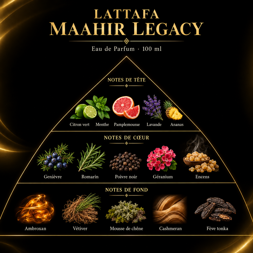 Pyramide olfactive de Lattafa Maahir Legacy – notes de tête, de cœur et de fond