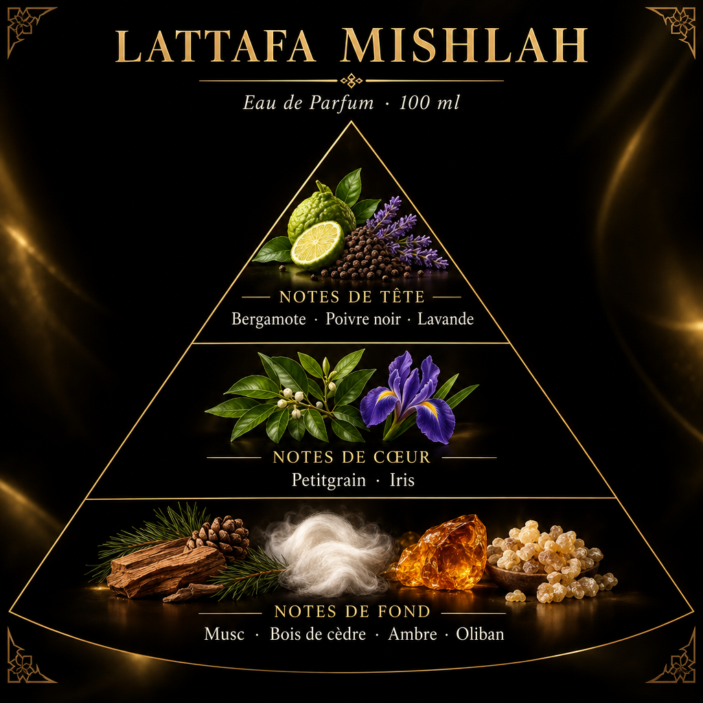 Pyramide olfactive de Lattafa Mishlah – notes de tête, de cœur et de fond