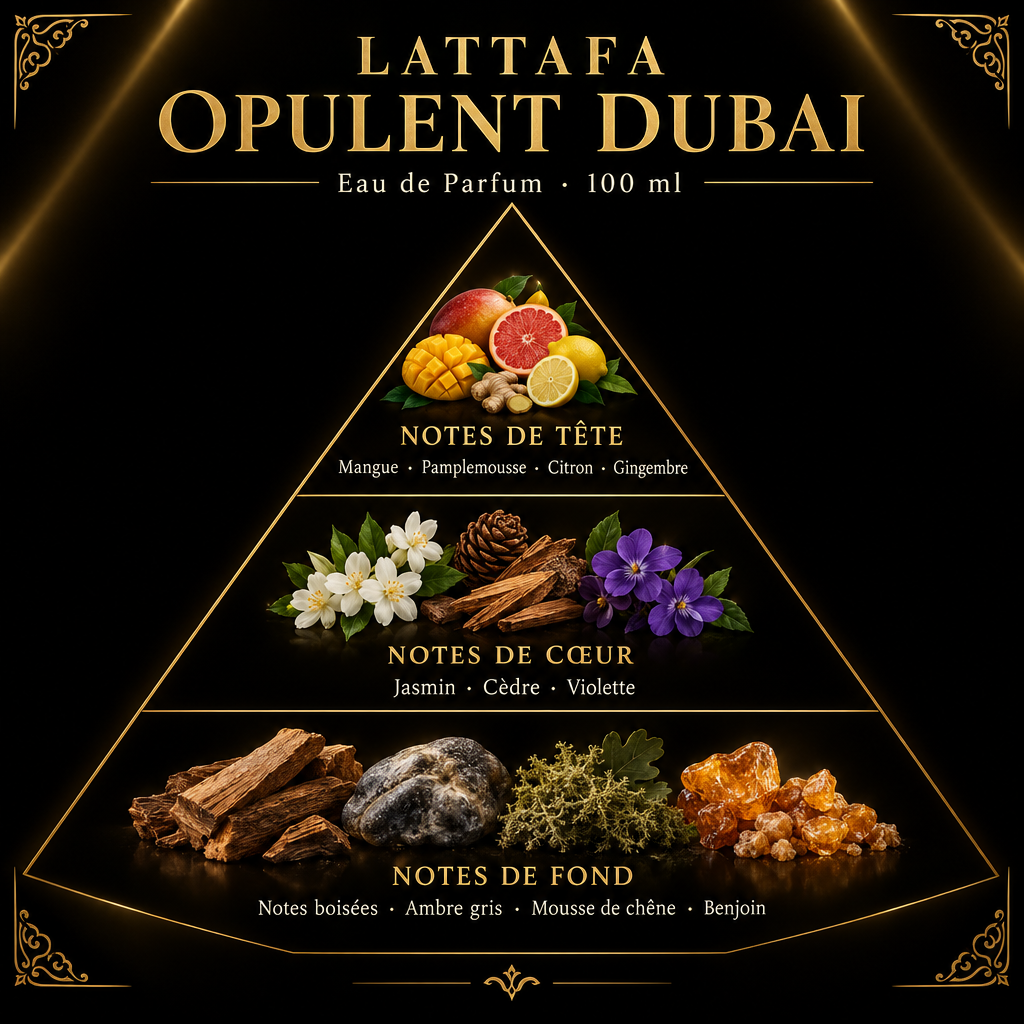 Pyramide olfactive de Lattafa Opulent Dubai – notes de tête, de cœur et de fond