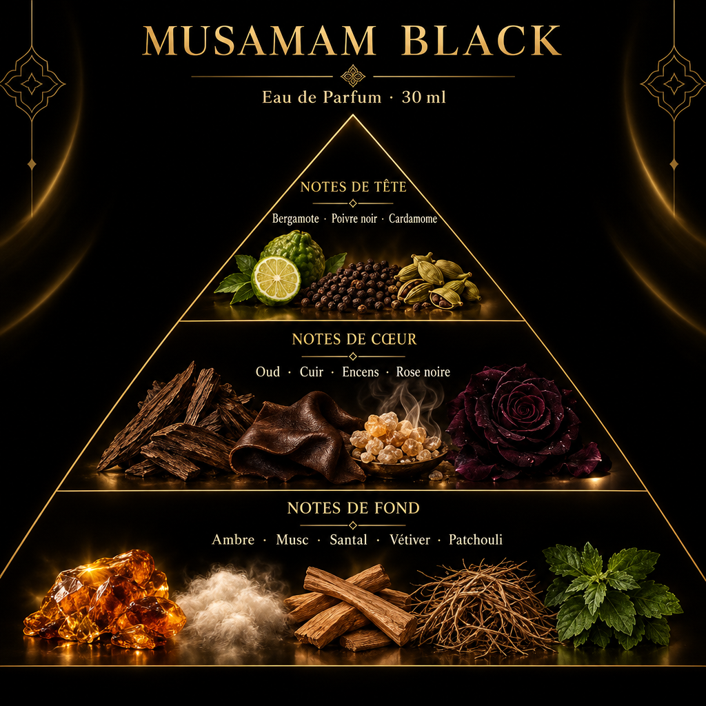 Pyramide olfactive de Musamam Black – notes de tête, de cœur et de fond