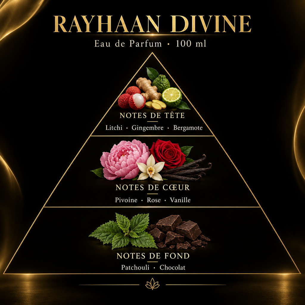 Pyramide olfactive de Rayhaan Divine – notes de tête, de cœur et de fond