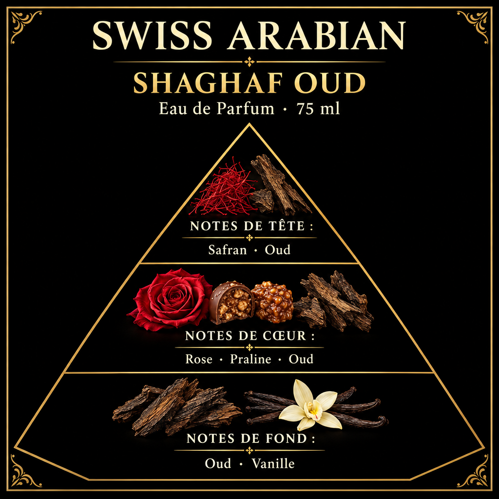 Pyramide olfactive de Swiss Arabian Shaghaf Oud – notes de tête, de cœur et de fond
