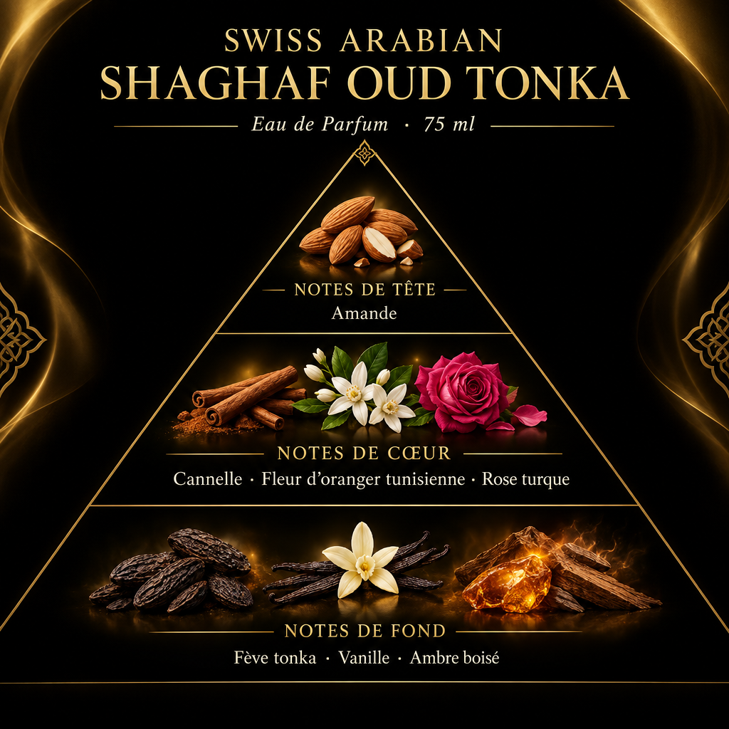 Pyramide olfactive de Swiss Arabian Shaghaf Oud Tonka – notes de tête, de cœur et de fond