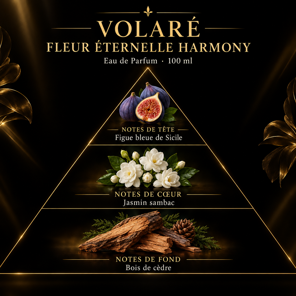 Pyramide olfactive de Volaré Fleur Éternelle Harmony – notes de tête, de cœur et de fond